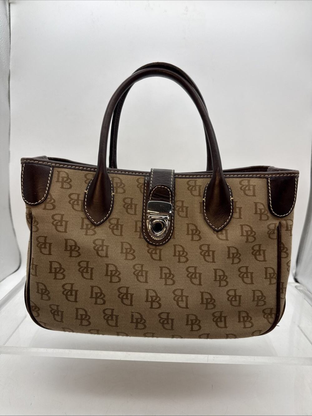 Dooney & Bourke Women Brown Canvas Signature Print Double Handle Snap Tote Bag⬇️